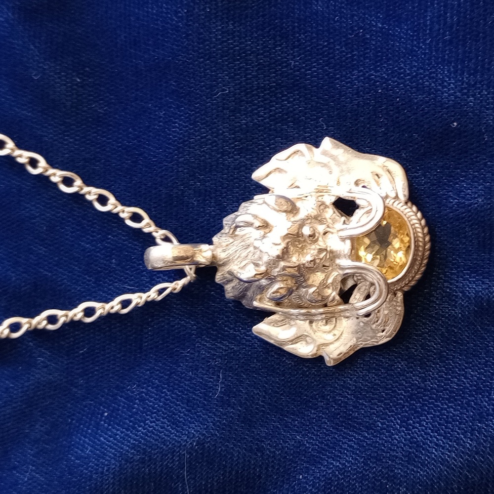 Sterling Silver PTI Nepal Citrine In Dragons Mouth Pendant Necklace